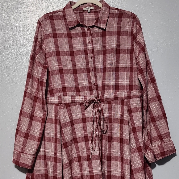 JODIFL Plaid Midi Shirt Dress Womens Large Red Burgundy Boho Cottagecore Western - Picture 3 of 15